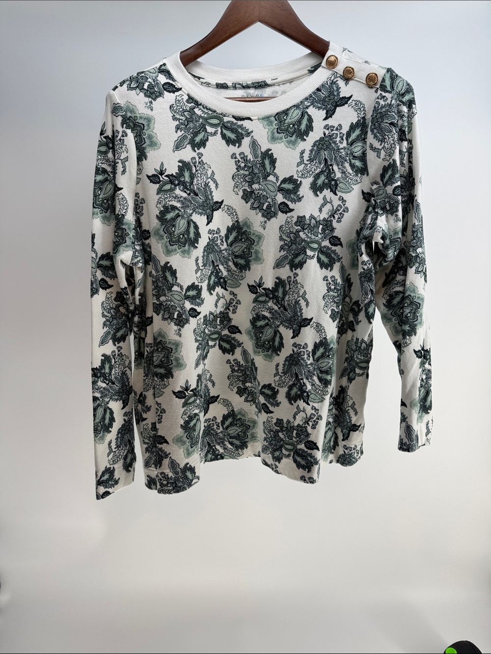 Women's Long Sleeve Crewneck Floral Top in Cream and Green